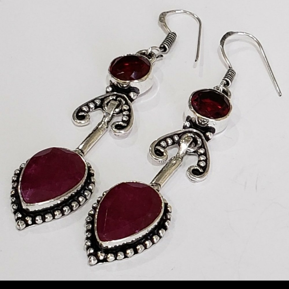 Ruby, Garnet Gemstone, 925 Silver Earrings, Drop … - image 2